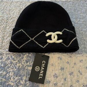 CHANEL Black Beanie with White Logo